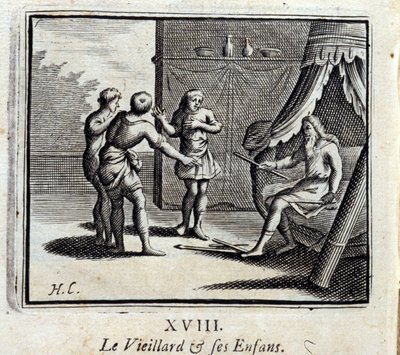 Den gamle mand og hans børn. Fabler af Jean de La Fontaine (1621-95). Illustration af François Chauveau (1613-1676). Udgave af 1728. af Francois Chauveau