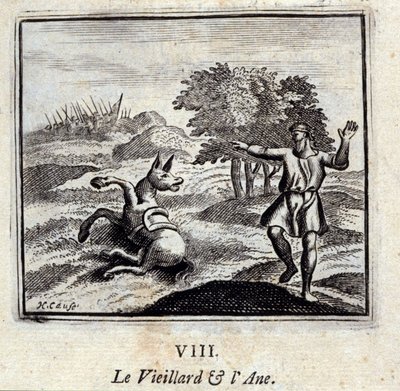 Den gamle mand og æslet. Fabler af Jean de La Fontaine (1621-95). Illustration af François Chauveau (1613-1676). Udgave af 1728. af Francois Chauveau