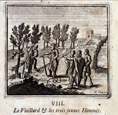 Den gamle mand og de tre unge mænd. Fabler af Jean de La Fontaine (1621-95). Illustration af François Chauveau (1613-1676). Udgave af 1728. af Francois Chauveau