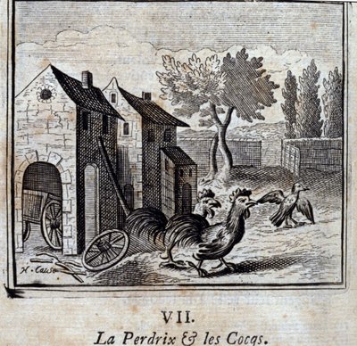 Hønsen og hanerne. Fabler af Jean de La Fontaine (1621-95). Illustrationer af François Chauveau (1613-1676). Udgave fra 1728. af Francois Chauveau