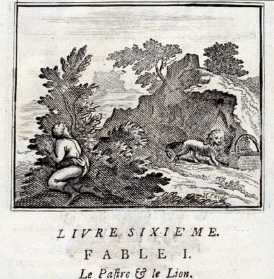 Patraen og Løven. Fabler af Jean de La Fontaine (1621-95). Illustration af François Chauveau (1613-1676). Udgave af 1728. af Francois Chauveau