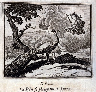 Påfuglen klager til Junon. Fabler af Jean de La Fontaine (1621-95). Illustration af François Chauveau (1613-1676). Udgave af 1728. af Francois Chauveau