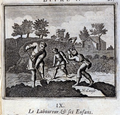 Ploureuren og hans børn. Fabler af Jean de La Fontaine (1621-95). Illustration af Francois Chauveau (1613-1676). Udgave af 1728. af Francois Chauveau