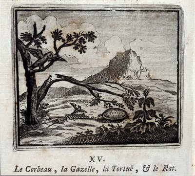 Ravnen, Gazellen, Skildpadden og Rotten. Fabler af Jean de La Fontaine (1621-95). Illustration af François Chauveau (1613-1676). Udgave af 1728. af Francois Chauveau