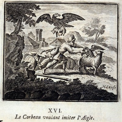 Ravnen ønsker at efterligne ørnen. Fabler af Jean de La Fontaine (1621-95). Illustration af François Chauveau (1613-1676). Udgave af 1728. af Francois Chauveau