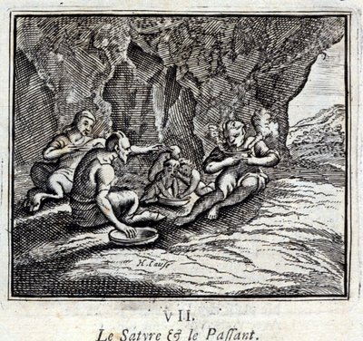Satyren og passageren. Fabler af Jean de La Fontaine (1621-95). Illustration af François Chauveau (1613-1676). Udgave af 1728. af Francois Chauveau