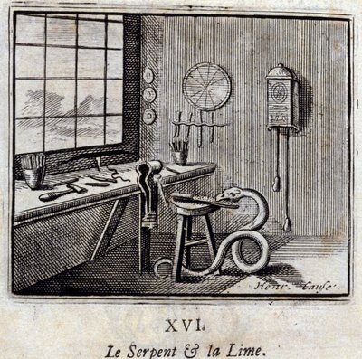 The Snake and the Lime.Fables af Jean de La Fontaine (1621-95). Illustration af Francois Chauveau (1613-1676). Udgave af 1728. af Francois Chauveau