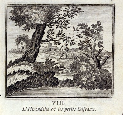 Svalen og de små fugle. Fabler af Jean de La Fontaine (1621-95). Illustration af François Chauveau (1613-1676). Udgave fra 1728. af Francois Chauveau