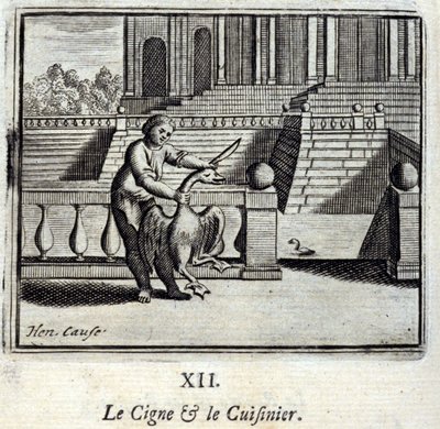 Svanen og Kokken. Fabler af Jean de La Fontaine (1621-95). Illustration af Francois Chauveau (1613-1676). Udgave af 1728. af Francois Chauveau