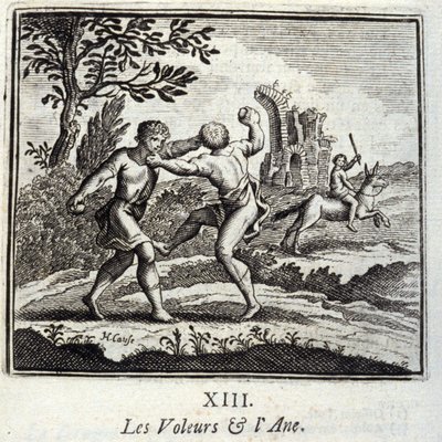 The Thieves and the Ane.Fables af Jean de La Fontaine (1621-95). Illustration af Francois Chauveau (1613-1676). Udgave af 1728. af Francois Chauveau