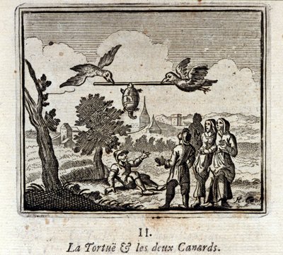 Skildpadden og de to ænder. Fabler af Jean de La Fontaine (1621-95). Illustration af François Chauveau (1613-1676). Udgave af 1728. af Francois Chauveau