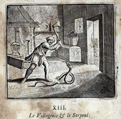 Landsbyboen og slangen. Fabler af Jean de La Fontaine (1621-95). Illustration af François Chauveau (1613-1676). Udgave fra 1728. af Francois Chauveau