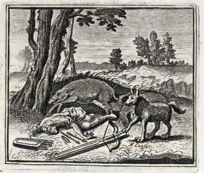Ulven og jægeren. Fabler af Jean de La Fontaine (1621-95). Illustration af François Chauveau (1613-1676). Udgave af 1728. af Francois Chauveau
