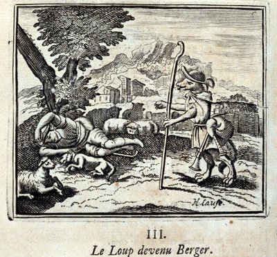 Ulven blev til Berger.Fables af Jean de La Fontaine (1621-95). Illustration af François Chauveau (1613-1676). Udgave af 1728. af Francois Chauveau