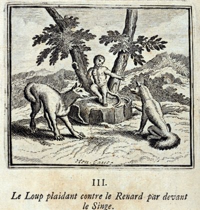 Ulven, der taler mod ræven foran aben. Fabler af Jean de La Fontaine (1621-95). Illustration af François Chauveau (1613-1676). Udgave fra 1728. af Francois Chauveau