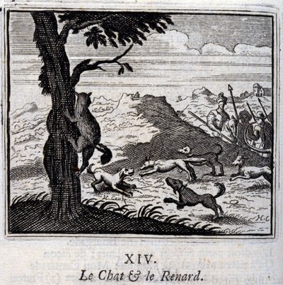 Katten og ræven. Fabler af Jean de La Fontaine (1621-95). Illustration af François Chauveau (1613-1676). Udgave af 1728. af Francois Chauveau