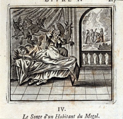 Drømmen om en mogul-beboer. Fabler af Jean de La Fontaine (1621-95). Illustration af Francois Chauveau (1613-1676). Udgave af 1728. af Francois Chauveau