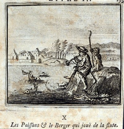 Fisken og hyrden spiller på fløjte. Fabler af Jean de La Fontaine (1621-95). Illustration af François Chauveau (1613-1676). Udgave af 1728. af Francois Chauveau
