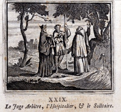 Dommeren dømmer Hospitaller og Solitaire. Fabler af Jean de La Fontaine (1621-95). Illustration af Francois Chauveau (1613-1676). Udgave af 1728. af Francois Chauveau