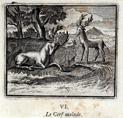 Det syge rådyr. Fabler af Jean de La Fontaine (1621-95). Illustration af François Chauveau (1613-1676). Udgave af 1728. af Francois Chauveau