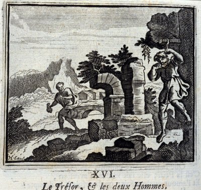 Skatmesteren og de to mænd. Fabler af Jean de La Fontaine (1621-95). Illustration af François Chauveau (1613-1676). Udgave af 1728. af Francois Chauveau