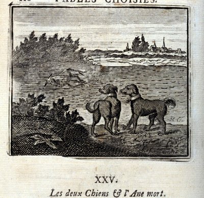 De to hunde og det døde æsel. Fabler af Jean de La Fontaine (1621-95). Illustration af François Chauveau (1613-1676). Udgave af 1728. af Francois Chauveau