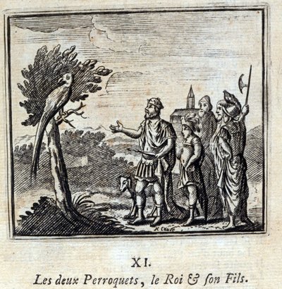 De to papegøjer kongen og hans søn. Fabler af Jean de La Fontaine (1621-95). Illustration af François Chauveau (1613-1676). Udgave af 1728. af Francois Chauveau