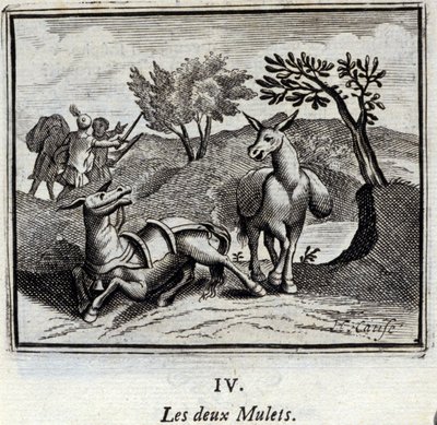 De to muldyr. Fabler af Jean de La Fontaine (1621-95). Illustration af François Chauveau (1613-1676). Udgave fra 1728. af Francois Chauveau