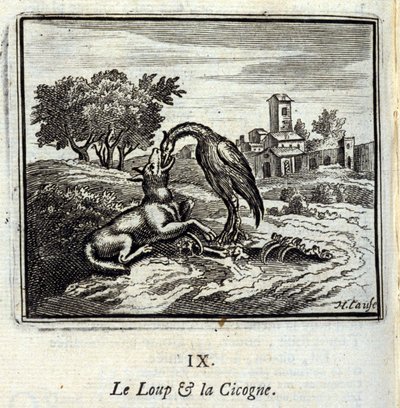Ulven og storken. Fabler af Jean de La Fontaine (1621-95). Illustration af François Chauveau (1613-1676). Udgave af 1728. af Francois Chauveau