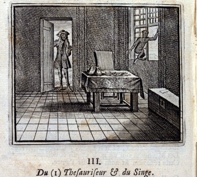 Tesaurizer og abe. Fabler af Jean de La Fontaine (1621-95). Illustration af François Chauveau (1613-1676). Udgave af 1728. af Francois Chauveau