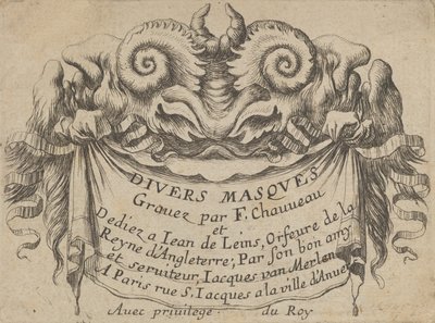 Titelplade med to Satyrhoveder, fra Divers Masques, ca. 1635-45. af Francois Chauveau
