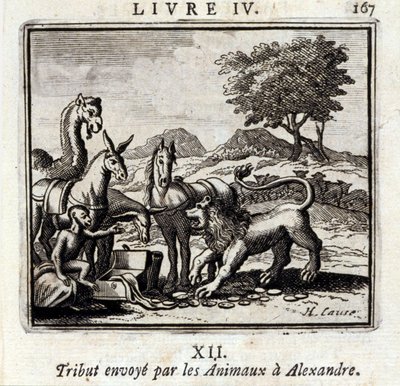 Hyldest sendt af Dyrene til Alexander. Fabler af Jean de La Fontaine (1621-95). Illustration af François Chauveau (1613-1676). Udgave af 1728. af Francois Chauveau