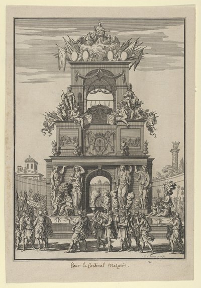 Triumfbue rejst til ære for kardinal Mazarin efter Pyrenæernes Traktat..., ca. 1664-5. af Francois Chauveau