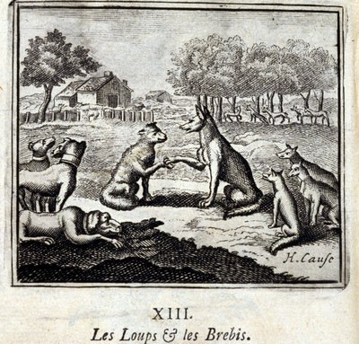 Ulve og får. Fabler af Jean de La Fontaine (1621-95). Illustration af Francois Chauveau (1613-1676). Udgave af 1728. af Francois Chauveau