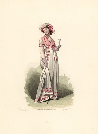 Kvinde i hvid kjole, pink fichu og corsage. af Francois Claudius (after) Compte Calix