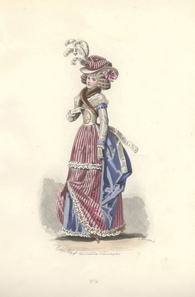 Kvinde i trefarvet outfit, Marie Antoinettes æra. af Francois Claudius Compte Calix