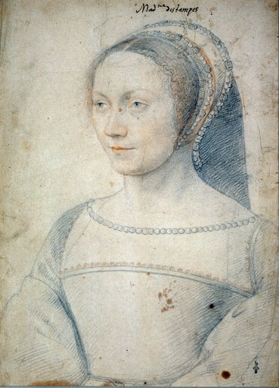 Portræt af Anne de Pisseleu, hustru til Jean de Brush, hertuginde af Etampes (1508 - 1576). Tegning med sort sten og blod af Francois Clouet (1515-1572) af François Clouet