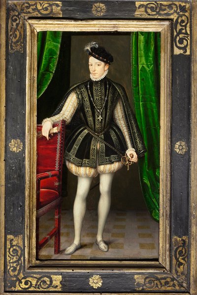 Portræt af Charles IX (1550-1574), anden søn af Henrik II og Catherine de Medicis, konge af Frankrig ved sin brors død i Francois II (1544-1560), gift i 1570 med Elizabeth af Østrig (1554-1592), Hans regne er præget af religionskrigene og th af François Clouet