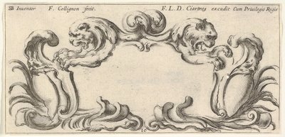 Plade 10: en kartouche med hovedet af to løver i profil til venstre og højre i t..., ca. 1640-45. af Francois Collignon