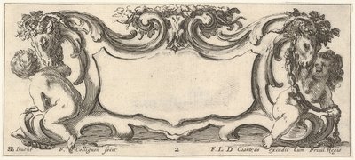 Plade 2: en kartouche med et barn set bagfra til venstre og et barn set fra ..., ca. 1640-45. af Francois Collignon