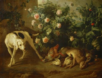 Hundehold i nærheden af ​​en rosenbusk af Francois Desportes