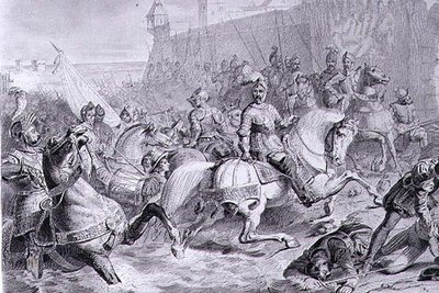 The Take of Calais af Frans, 2. hertug af Guise (1519-63) i 1558, indgraveret af Amedee Felix Barthelemy Geilee (1802-43) (gravering) af Francois Edouard (after) Picot