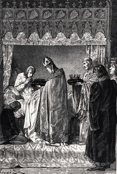 Charles V (1338-80) i sit dødsleje, der modtager tornekronen med stor religiøs hengivenhed, fra 
