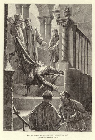 Karl den Gode, greve af Flandern, død. Mord på Karl den Gode, greve af Flandern, Brügge af Francois Edouard (after) Zier