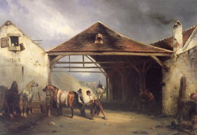 En beslagsmed sko en hest af Francois Emile de Lansac