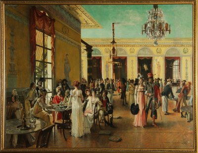 Cafe Frascati (Paris, Frankrig), en scene i Napoleons tid (slutningen af ​​18.-1815) - Maleri af Francois Flameng (1856-1923), olie på træ af Francois Flameng