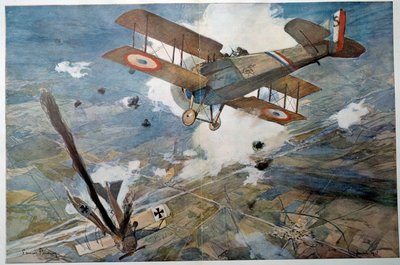 Første Verdenskrig "" Luftkamp"" Fjendens fly falder i flammer. Akvarelmaleri af Francois Flameng (1856-1923) 1918 Privat samling af Francois Flameng