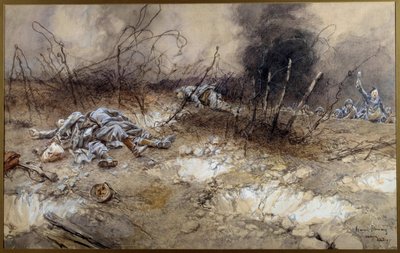 Første Verdenskrig: scene for slaget ved La Craonne den 5/04/1917. Lig af infanterister, der ligger mellem skægget. Akvarel maleri af Francois Flameng (1856-1923) Søn. 0,3x0,56 m Paris, Musee de l