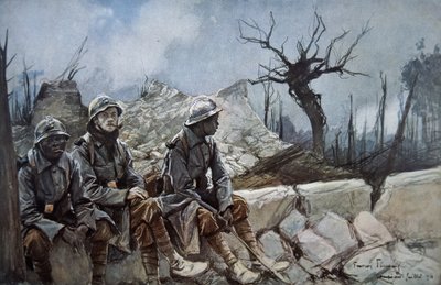 Franske tropper hviler midt i ruinerne af en kirke ved Dompierre af Francois Flameng