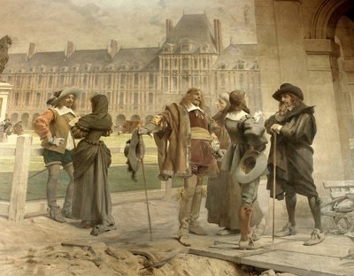 Pascal med Desargues præsenterer for Descartes sine erfaringer om luftens tyngdekraft: den unge matematiker Blaise Pascal (1623-1662) og Girard Desargues (1591-1661) diskuterer sin teori om atmosfærisk tryk med Rene Descartes (1596-1650) af Francois Flameng